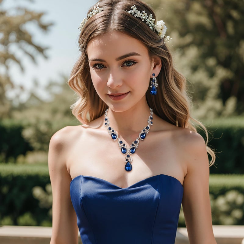 BriLove Wedding Bridal Jewelry Set for Women Multi Teardrop Cluster Crystal Statement Necklace Dangle Earrings for Party Accessories Navy Blue Sapphire Color Silver-Tone. - Image 3